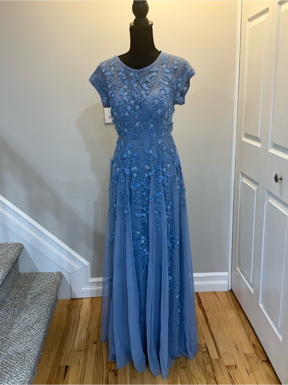 Mac Duggal Dusty Blue Floral Appliqué Maxi Gown - Picture 5 of 11